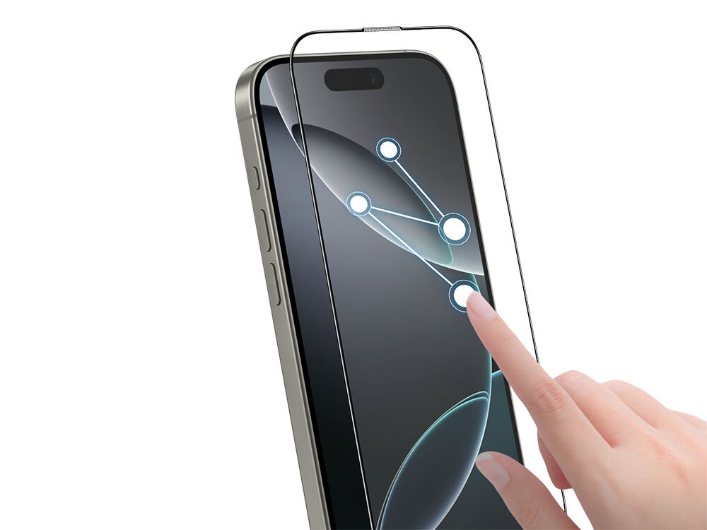 Szkło hartowane ILERA Fantom do Apple iPhone 16 Pro Max + szkło hartowane na plecki zdjęcie telefon leżący na płasko i szkło ochronne na czarnym tle