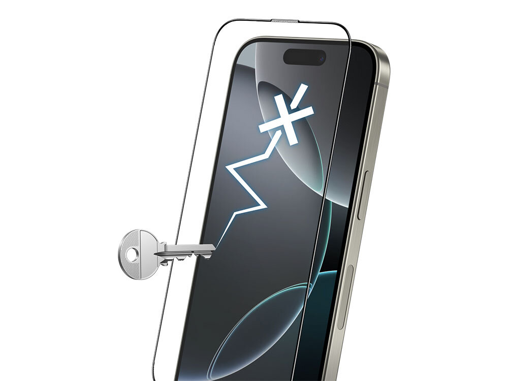 Szkło hartowane ILERA Fantom do Apple iPhone 16 Pro Max + szkło hartowane na plecki zdjęcie telefon ukosem na szarym tle