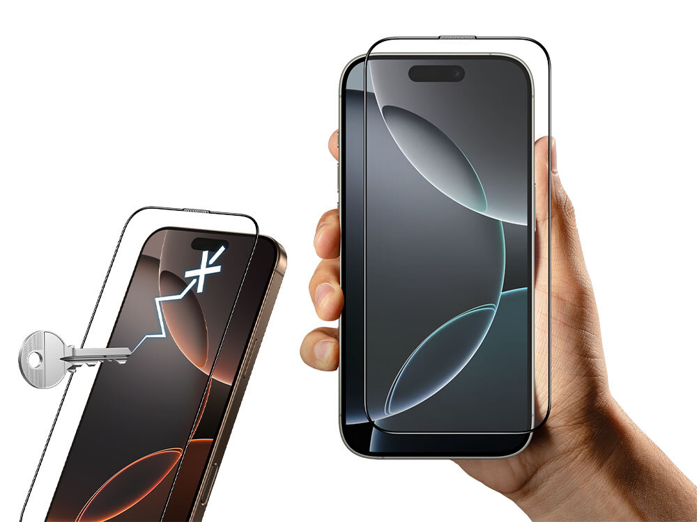 Szkło hartowane ILERA Fantom do Apple iPhone 16 Pro Max + szkło hartowane na plecki zdjęcie telefony i szkła ochronne i dłoń dotykająca punkty na szkle, foto na białym tle