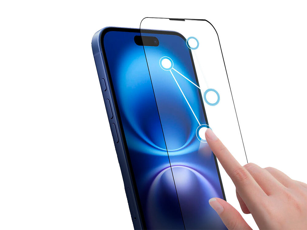 Szkło hartowane ILERA Permium Sapphire Ultra+ do Apple iPhone 16 + szkło na obiektyw zdjęcie telefon i szkło dotyk ręki na białym tle tle