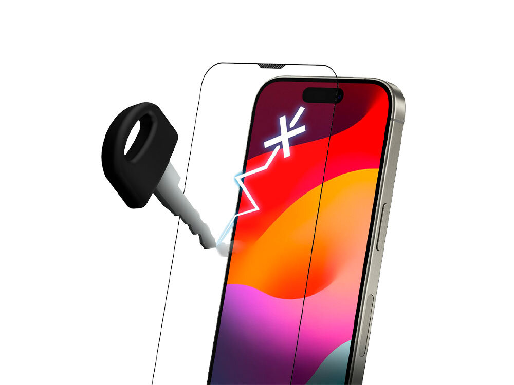 Szkło hartowane ILERA Permium Sapphire Ultra+ do Apple iPhone 16 + szkło na obiektyw zdjęcie telefon i szkło plus klucz na białym tle