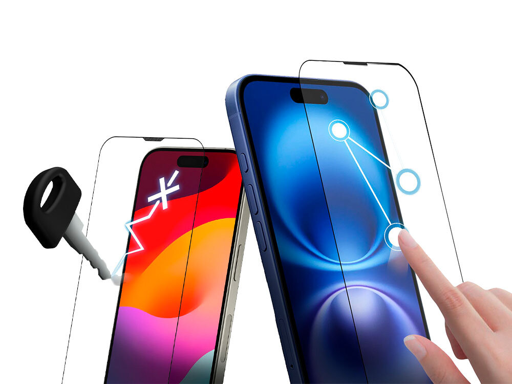 Szkło hartowane ILERA Permium Sapphire Ultra+ do Apple iPhone 16 + szkło na obiektyw zdjęcie telefony i szkła ochronne plus ręka i klucz foto na białym tle