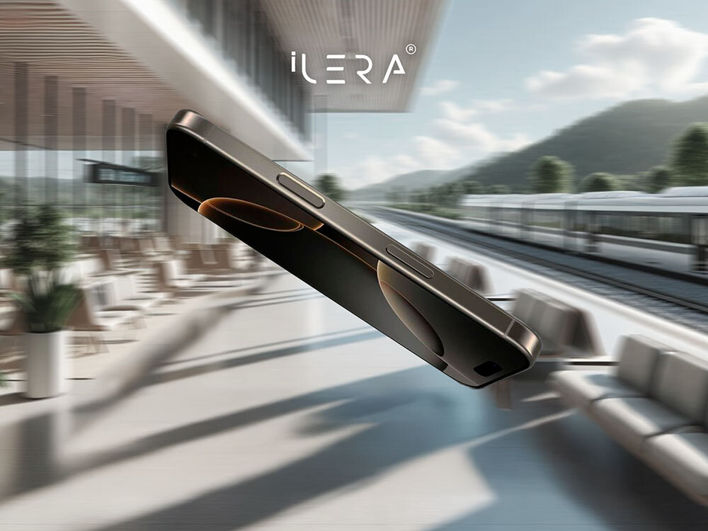 Szkło hartowane ILERA Permium Sapphire Ultra+ do Apple iPhone 16 Pro Max + szkło na obiektyw zdjęcie opakowanie i szkło ochronne na szarym tle