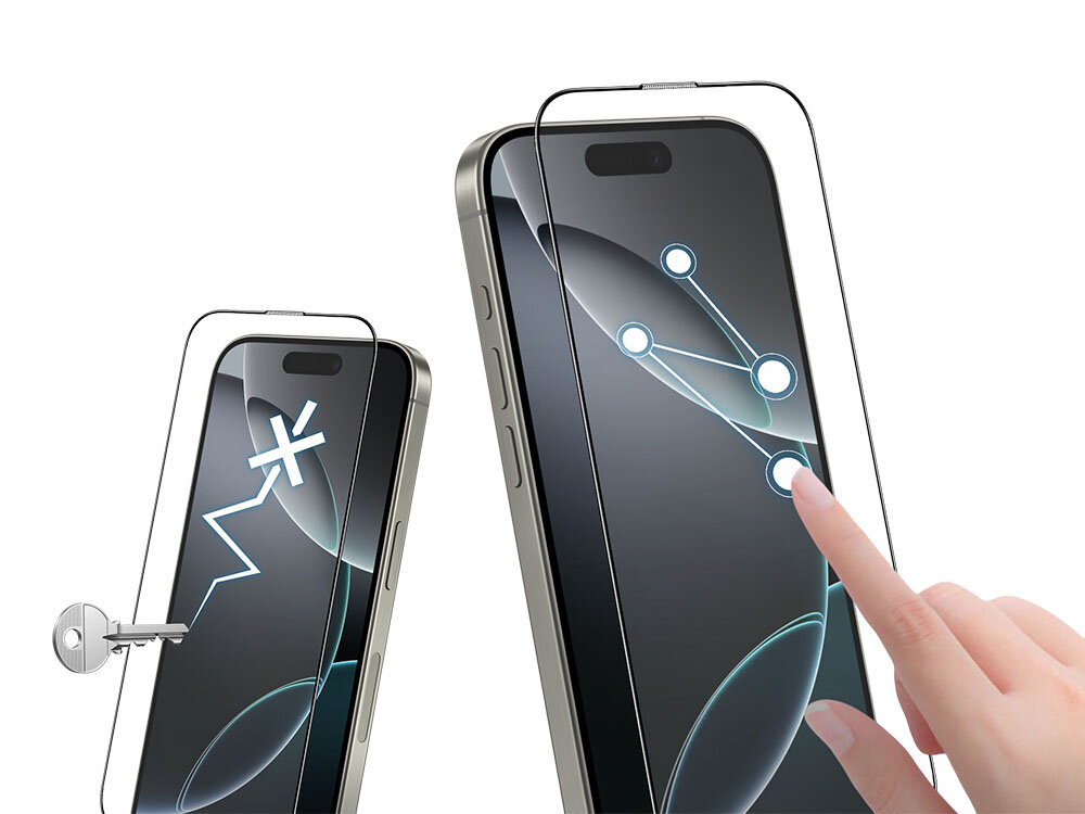 Szkło hartowane ILERA Permium Sapphire Ultra+ do Apple iPhone 16 Pro Max + szkło na obiektyw zdjęcie telefony i szkła ochronne plus ręka i klucz foto na białym tle