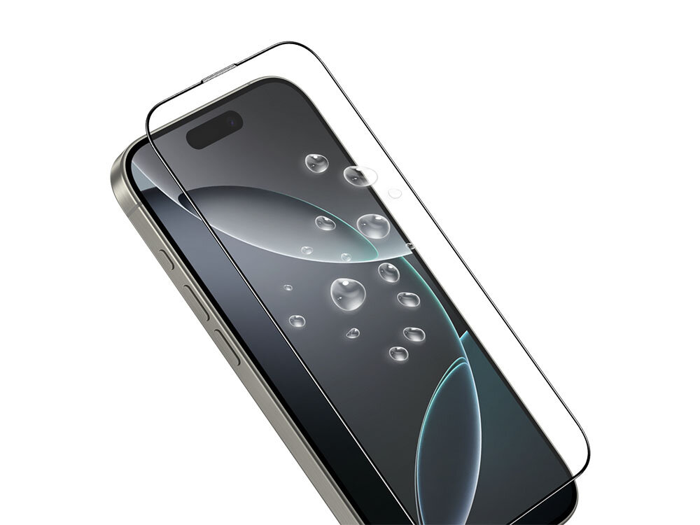 Szkło hartowane ILERA Permium Sapphire Ultra+ do Apple iPhone 16 Pro Max + szkło na obiektyw zdjęcie na białym tle, krople na ekranie telefonu