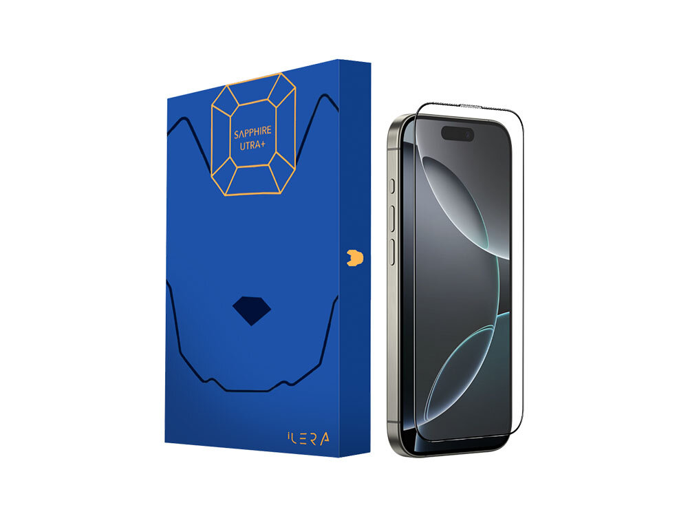 Szkło hartowane ILERA Permium Sapphire Ultra+ do Apple iPhone 16 Pro + szkło na obiektyw zdjęcie opakowanie i szkło ochronne na białym tle początek opisu