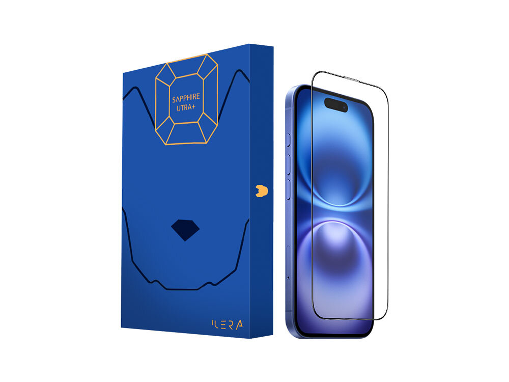 Szkło hartowane ILERA Permium Sapphire Ultra+ do Apple iPhone 16 Plus + szkło na obiektyw zdjęcie opakowanie i szkło ochronne na białym tle początek opisu