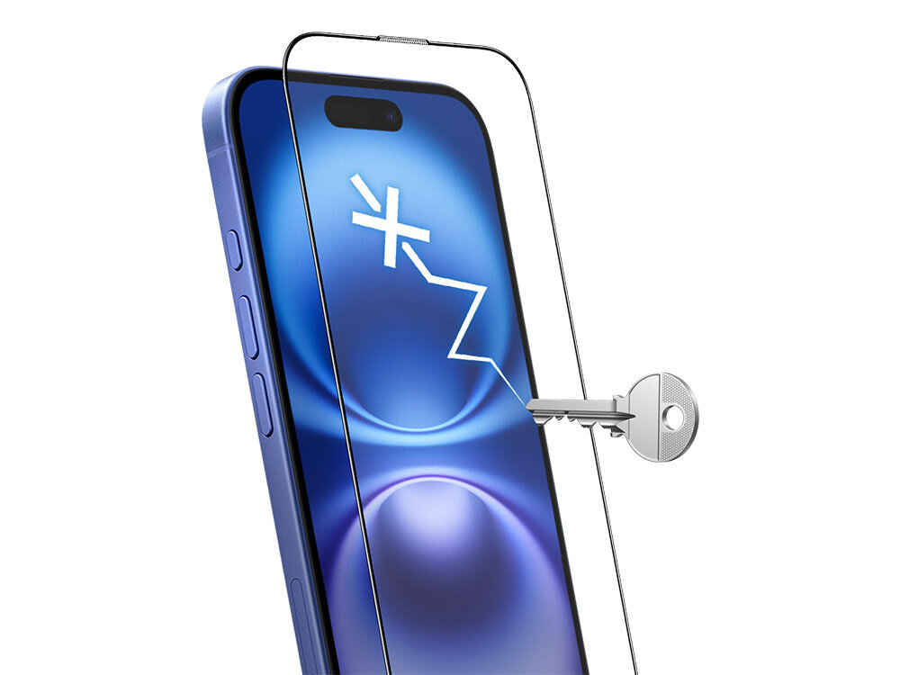 Szkło hartowane ILERA Permium Sapphire Ultra+ do Apple iPhone 16 Plus + szkło na obiektyw zdjęcie telefon i szkło plus klucz na białym tle