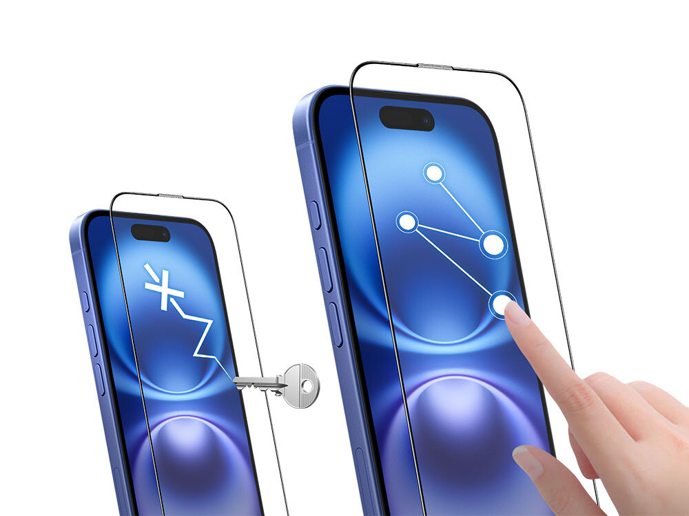 Szkło hartowane ILERA Permium Sapphire Ultra+ do Apple iPhone 16 Plus + szkło na obiektyw zdjęcie telefony i szkła ochronne plus ręka i klucz foto na białym tle