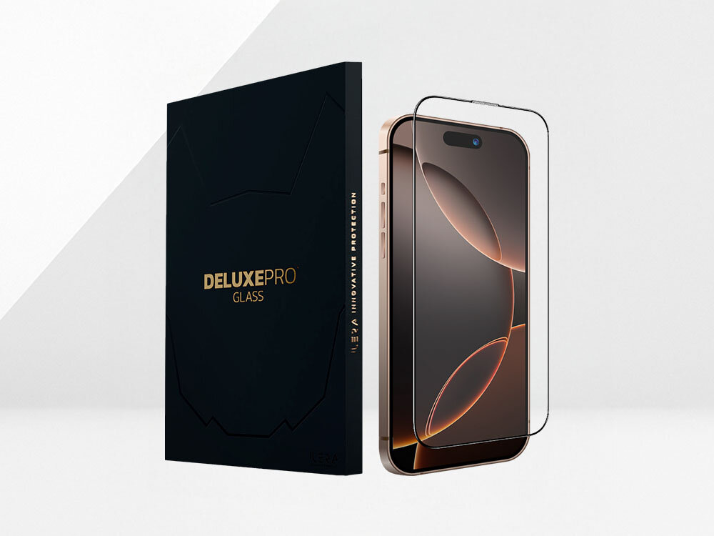 Szkło hartowane ILERA Deluxe Original do Apple iPhone 16 Pro Max zdjęcie opakowanie i szkło ochronne na szarym tle