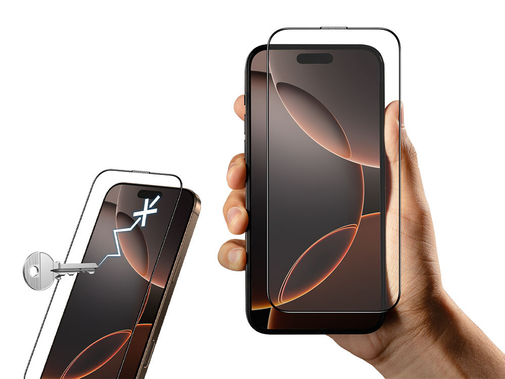 Szkło hartowane ILERA Deluxe Original do Apple iPhone 16 Pro Max zdjęcie telefony i szkła ochronne plus ręka i klucz foto na białym tle