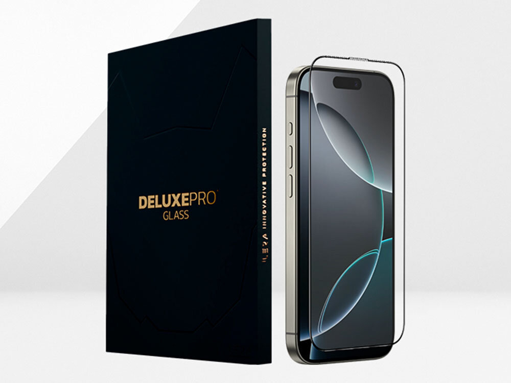 Szkło hartowane ILERA Deluxe Original do Apple iPhone 16 Pro zdjęcie opakowanie i szkło ochronne na szarym tle