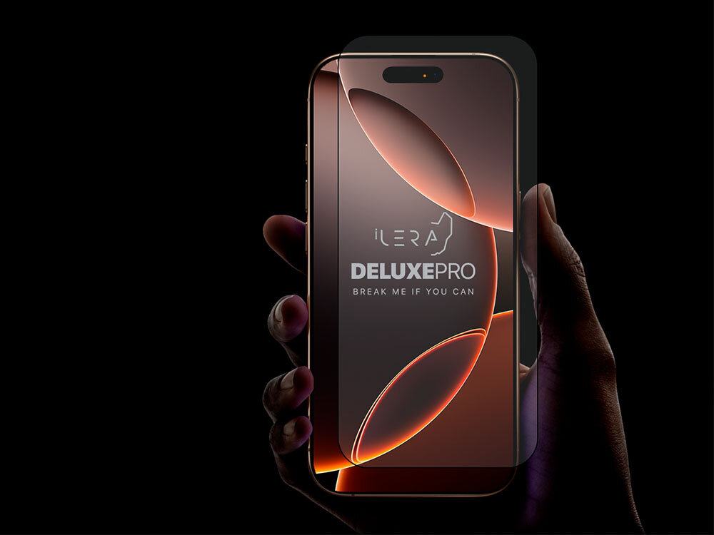 Szkło hartowane ILERA Deluxe Original do Apple iPhone 16 Plus zdjęcie czarne tło a na nim telefony w ręce