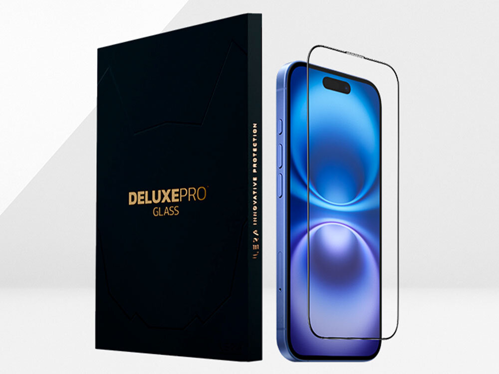 Szkło hartowane ILERA Deluxe Original do Apple iPhone 16 Plus zdjęcie opakowanie i szkło ochronne na szarym tle