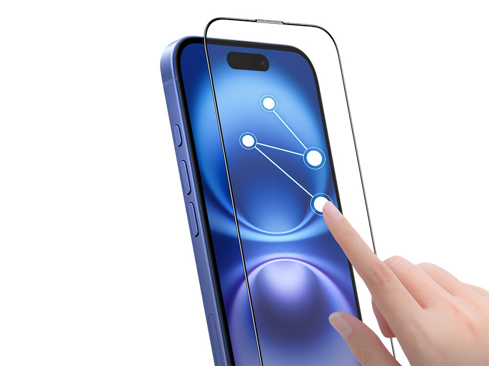 Szkło hartowane ILERA Deluxe Original do Apple iPhone 16 Plus zdjęcie telefon i szkło dotyk ręki na białym tle tle