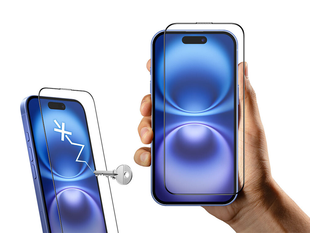 Szkło hartowane ILERA Deluxe Original do Apple iPhone 16 Plus zdjęcie telefony i szkła ochronne plus ręka i klucz foto na białym tle