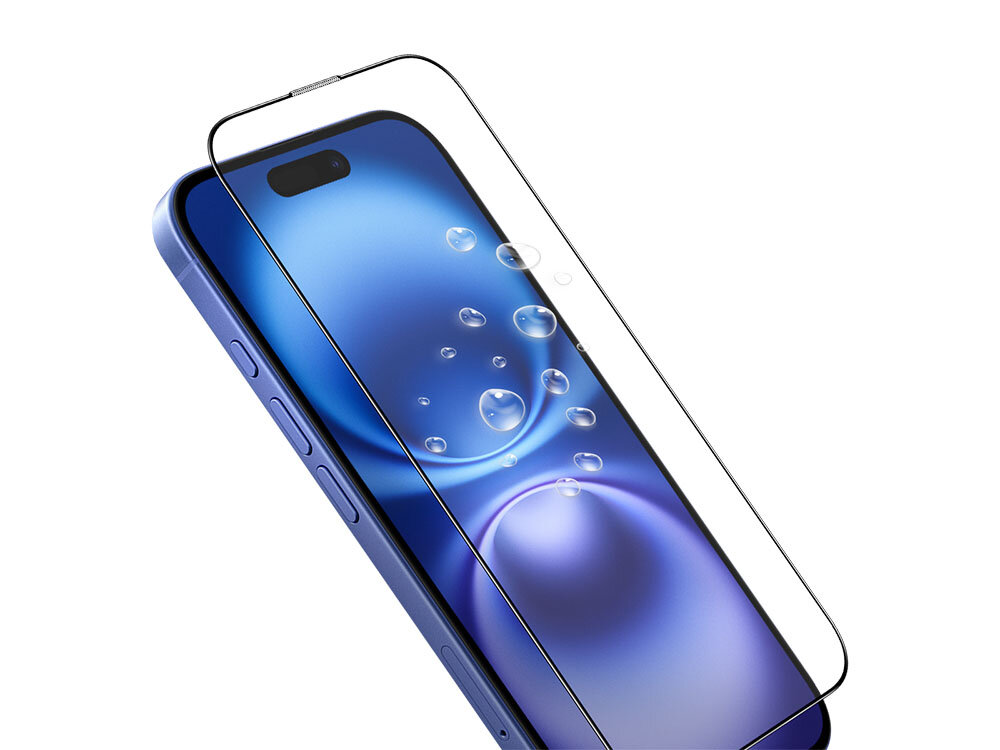 Szkło hartowane ILERA Deluxe Original do Apple iPhone 16 Plus zdjęcie na białym tle, krople na ekranie telefonu