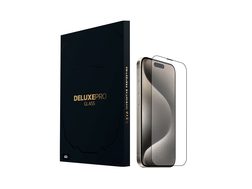 Szkło hartowane ILERA Deluxe Original do Apple iPhone 15 Pro zdjęcie opakowanie i szkło ochronne na białym tle początek opisu