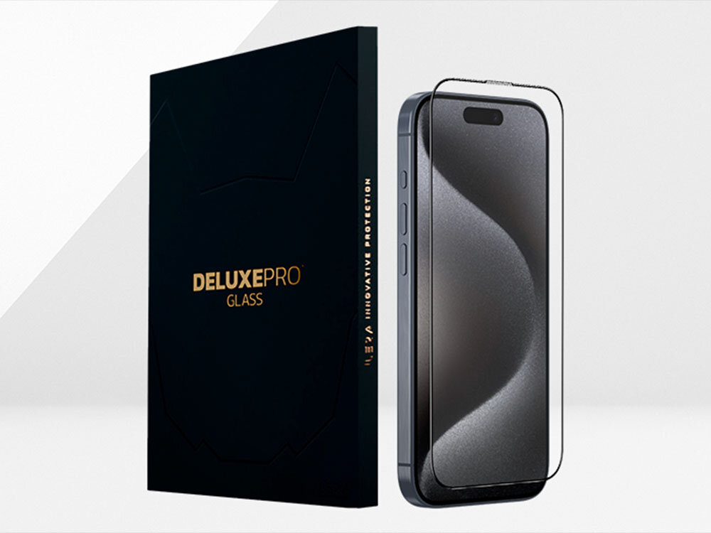Szkło hartowane ILERA Deluxe Original do Apple iPhone 15 Pro zdjęcie szare tło a na nim zestaw