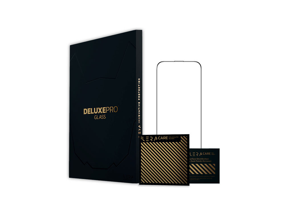 Szkło hartowane ILERA Deluxe Original do Apple iPhone 15 Pro zdjęcie zestawu na białym tle