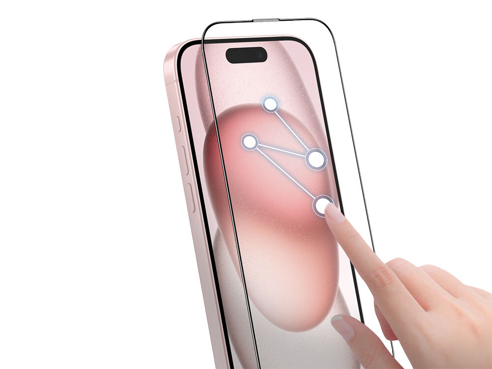 Szkło hartowane ILERA Deluxe Original do Apple iPhone 15 Pro zdjęcie telefon i szkło ochronne plus ręka rysująca wzór, na białym tle