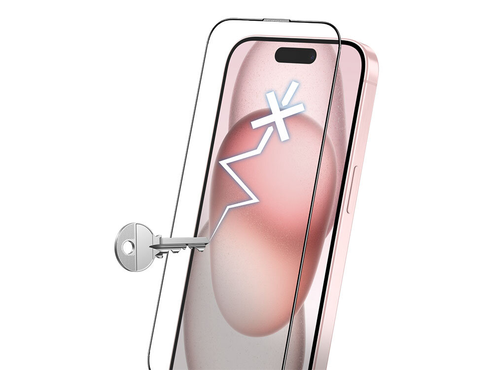 Szkło hartowane ILERA Deluxe Original do Apple iPhone 15 Pro zdjęcie telefon i klucz na białym tle