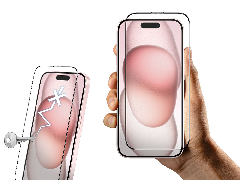 Szkło hartowane ILERA Deluxe Original do Apple iPhone 15 Pro zdjęcie dwa telefony i szkła ochronne i dłoń plus klucz, foto na białym tle