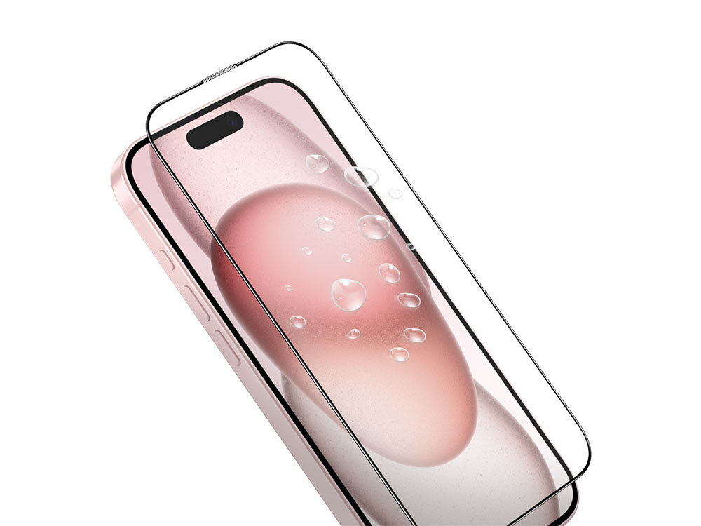 Szkło hartowane ILERA Deluxe Original do Apple iPhone 15 Pro zdjęcie bokiem tel i szkło ochronne z kroplami wody na białym tle