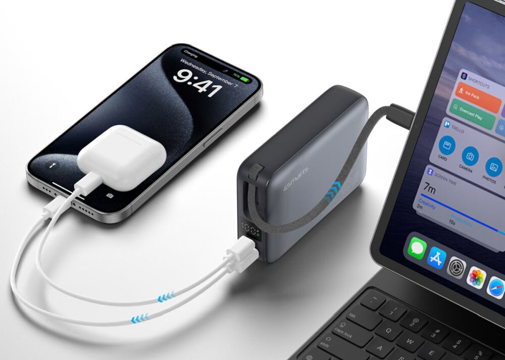 Powerbank 4SMARTS Enterprise Compact 20000 mAh 45 W - powerbank podłączony do telefonu, słuchawek oraz tabletu