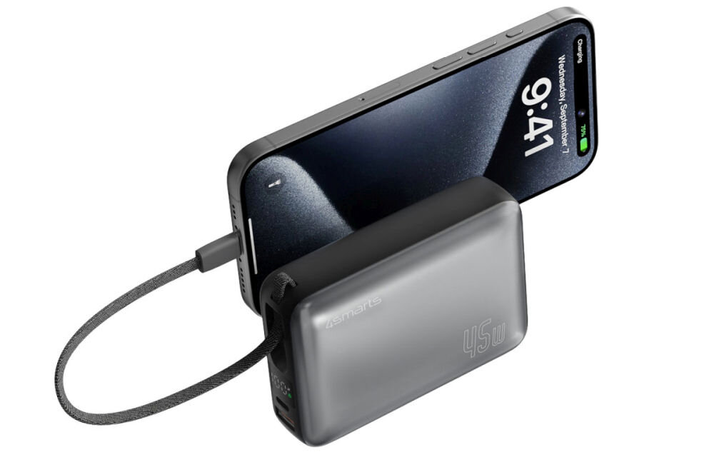 Powerbank 4SMARTS Enterprise Compact 20000 mAh 45 W Cyfrowy wyświetlacz LCD 10.3 × 7.1 × 2.9 cm 20 000 mAh / 45 W 330 g - powerbank z telefonem na białym tle