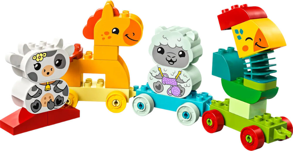 Kolorowe klocki LEGO DUPLO przedstawiające zwierzątka na kółkach: krowę, żyrafę, owcę i papugę. Każde zwierzątko jest zbudowane z kilku dużych, łatwych do uchwycenia elementów.
