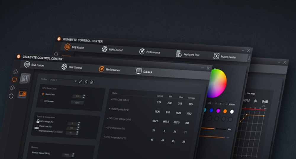 Płyta główna GIGABYTE B650M Gaming WiFi6E Grafika przedstawiająca nakładające się na siebie okna programu 'Gigabyte Control Center'. Widoczne są panele do sterowania podświetleniem RGB, parametrami wydajności oraz pracą wentylatorów