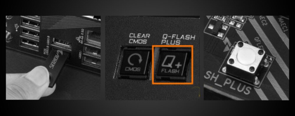 Płyta główna GIGABYTE B650M Gaming WiFi6E Trzy czarno-białe zdjęcia prezentujące proces aktualizacji BIOS za pomocą funkcji 'Q-Flash Plus'. Widoczne jest wkładanie pendrive'a do portu USB oraz przyciski na laminacie i panelu tylnym