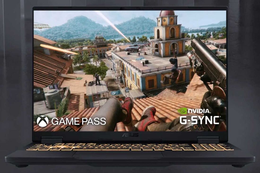 Laptop ASUS TUF Gaming z ekranem Full HD, technologią NVIDIA G-SYNC i podświetlaną klawiaturą RGB, prezentujący dynamiczną rozgrywkę z Game Pass. - ekran FHD (1920 x 1200 px) z odświeżaniem 165 Hz