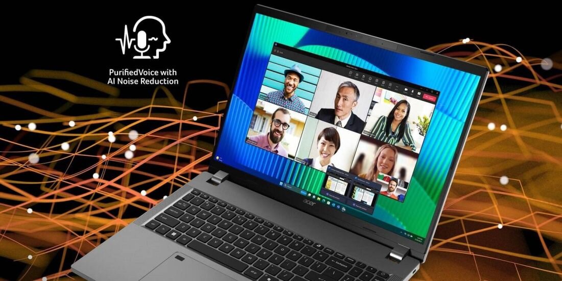 Laptop ACER TravelMate P2 z wyświetlonym zdjęciem grupy ludzi na ekranie.   