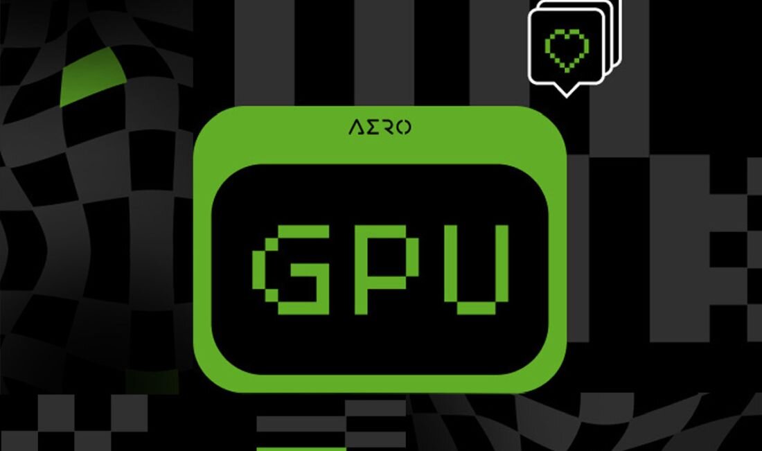 Obraz przedstawia zielony prostokąt z napisem \'AERO\' na górze i \'GPU\' w środku. W tle widoczne są czarno-zielone wzory geometryczne oraz ikona serca w dymku.
