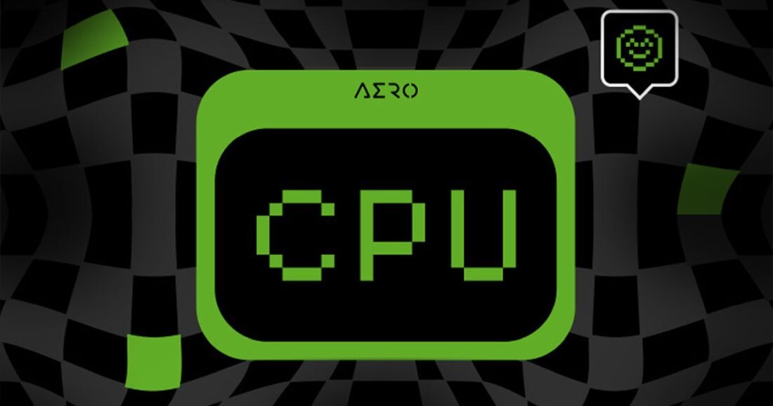 Obraz przedstawia zielony prostokąt z napisem \'CPU\' na tle czarno-zielonej szachownicy. Nad napisem znajduje się logo \'AERO\'.