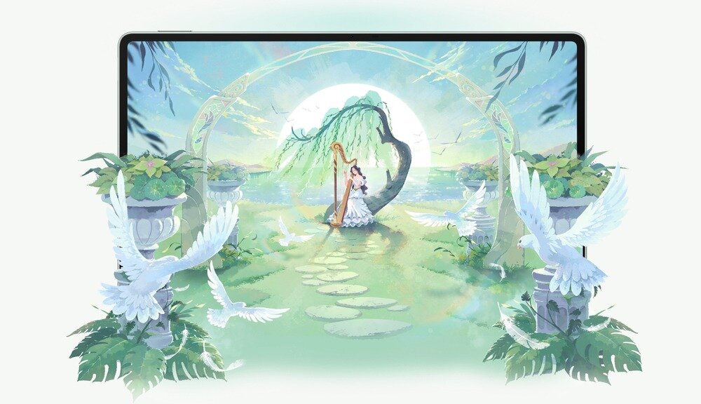 Tablet HUAWEI MatePad Pro 12.2 rysunek kobiety z harfą, Tandem OLED PaperMatte ekran rozdzielczość kolory obraz