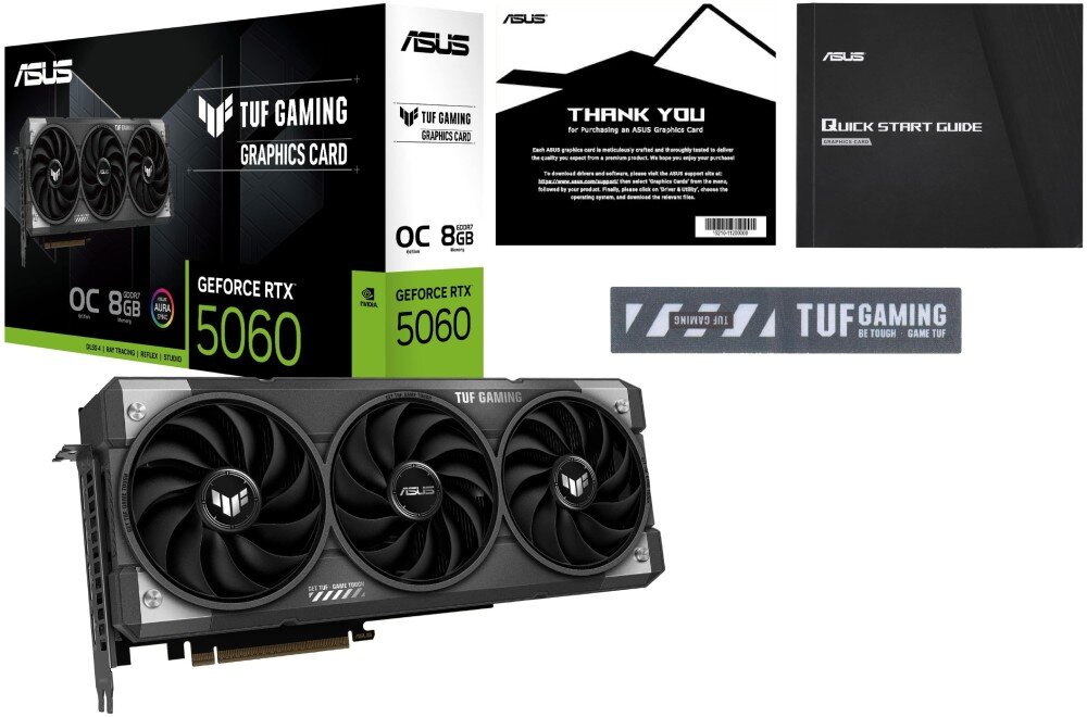 Karta graficzna ASUS TUF Gaming GeForce RTX 5060 OC Edition 8GB Zestaw sprzedażowy obejmujący kartę graficzną, pudełko, instrukcję obsługi, kartę z podziękowaniem oraz pasek na rzep