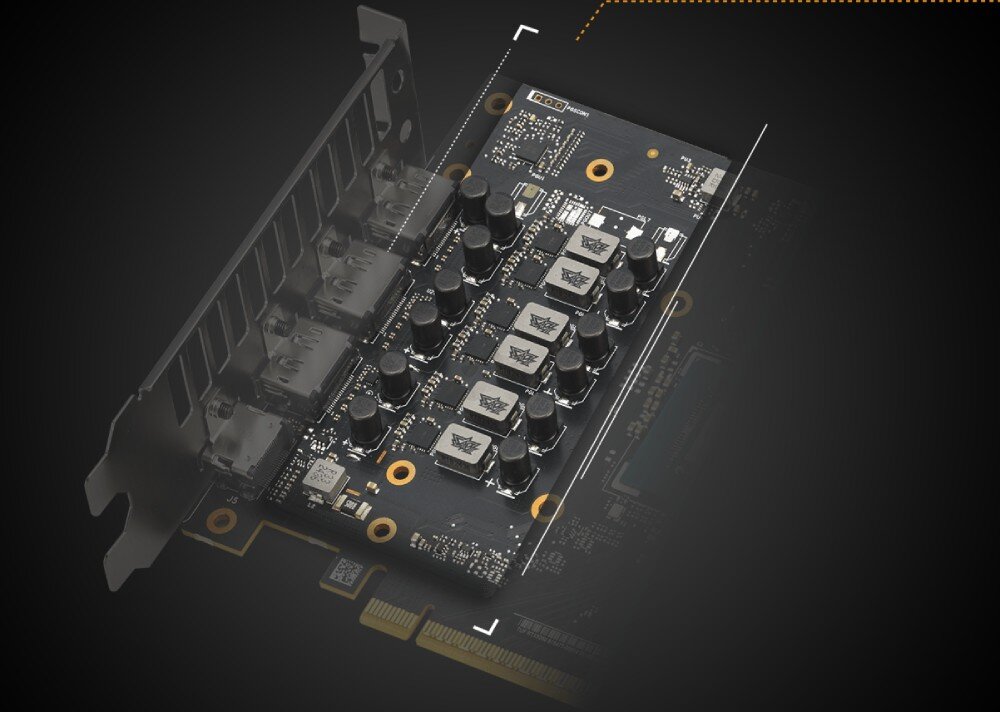 Karta graficzna ASUS TUF Gaming GeForce RTX 5060 OC Edition 8GB Fragment płytki drukowanej z widocznymi rzędami kondensatorów i dławików wysokiej jakości