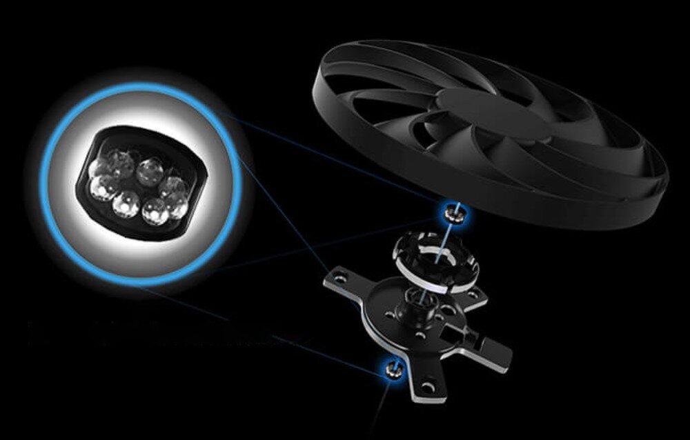 Karta graficzna ASUS TUF Gaming GeForce RTX 5060 OC Edition 8GB Schemat budowy wentylatora z widocznym wewnątrz mechanizmem podwójnego łożyska kulkowego