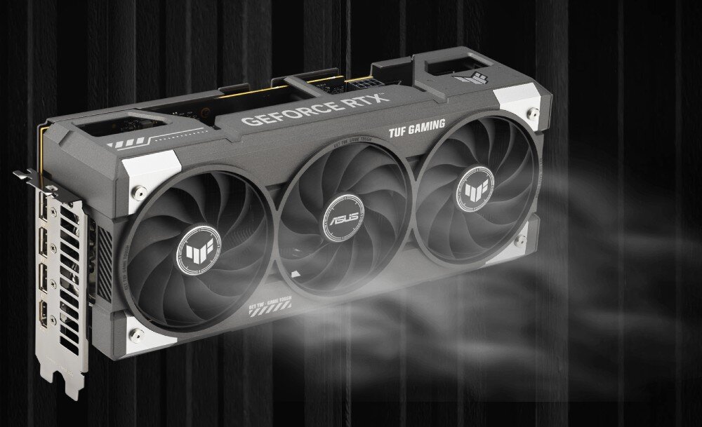 Karta graficzna ASUS TUF Gaming GeForce RTX 5060 OC Edition 8GB Wizualizacja aktywnego chłodzenia z efektem przepływu powietrza przez trzy wentylatory karty graficznej