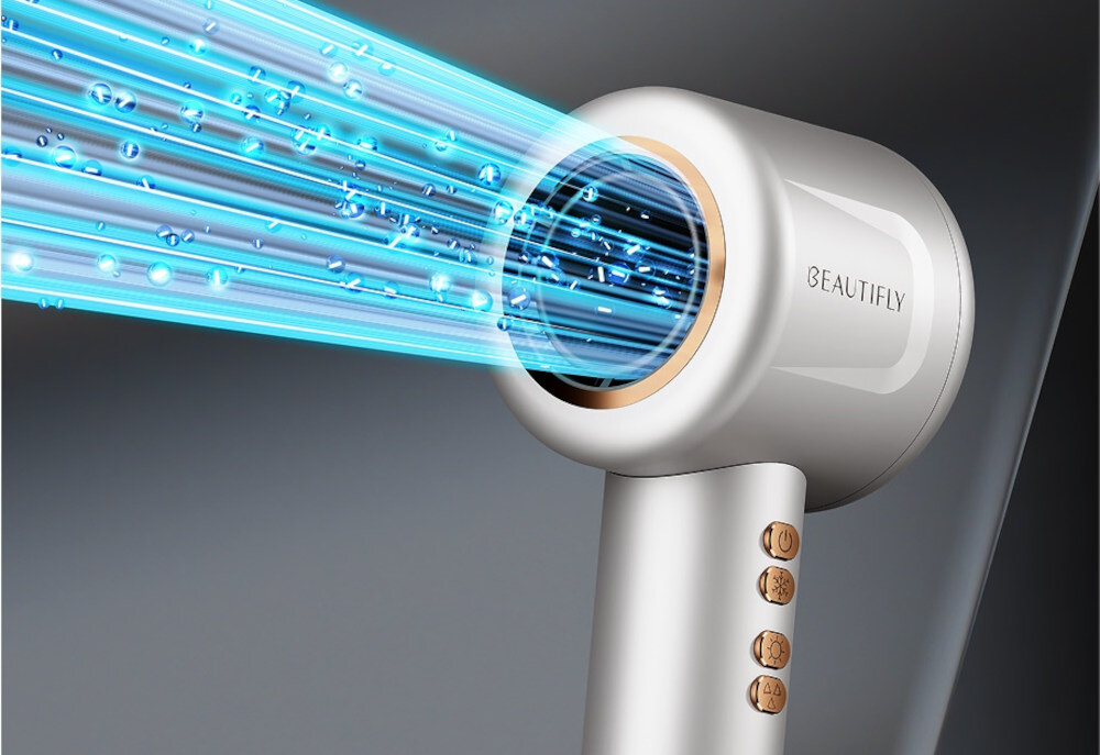 Suszarka BEAUTIFLY Ionboost Gładkie włosy bez puszenia technologia jonizacji 200 milionów jonów ujemnych na cm³ gładkie i lśniące Jony podkreśla naturalne piękno