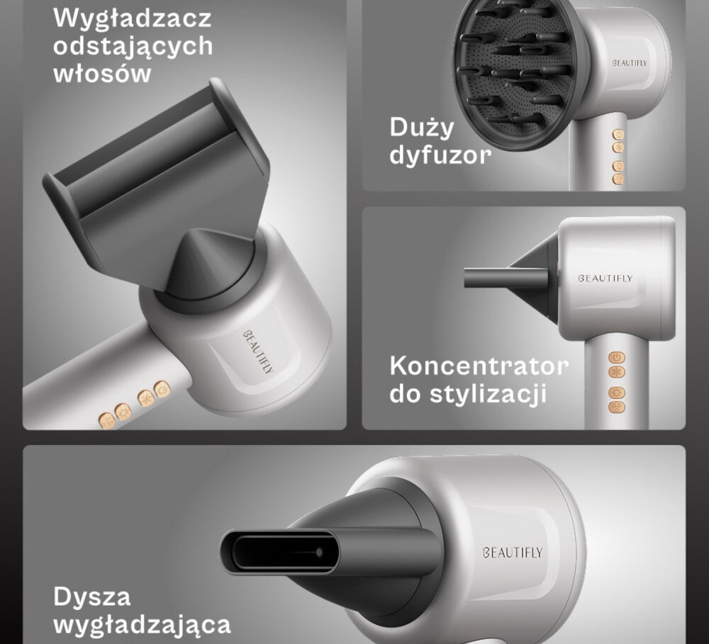Suszarka BEAUTIFLY Ionboost Cztery końcówki do stylizacji Dyfuzor, koncentrator, nasadka wygładzająca i Flyaway Smoother różorodne stylizacja dopasowanie