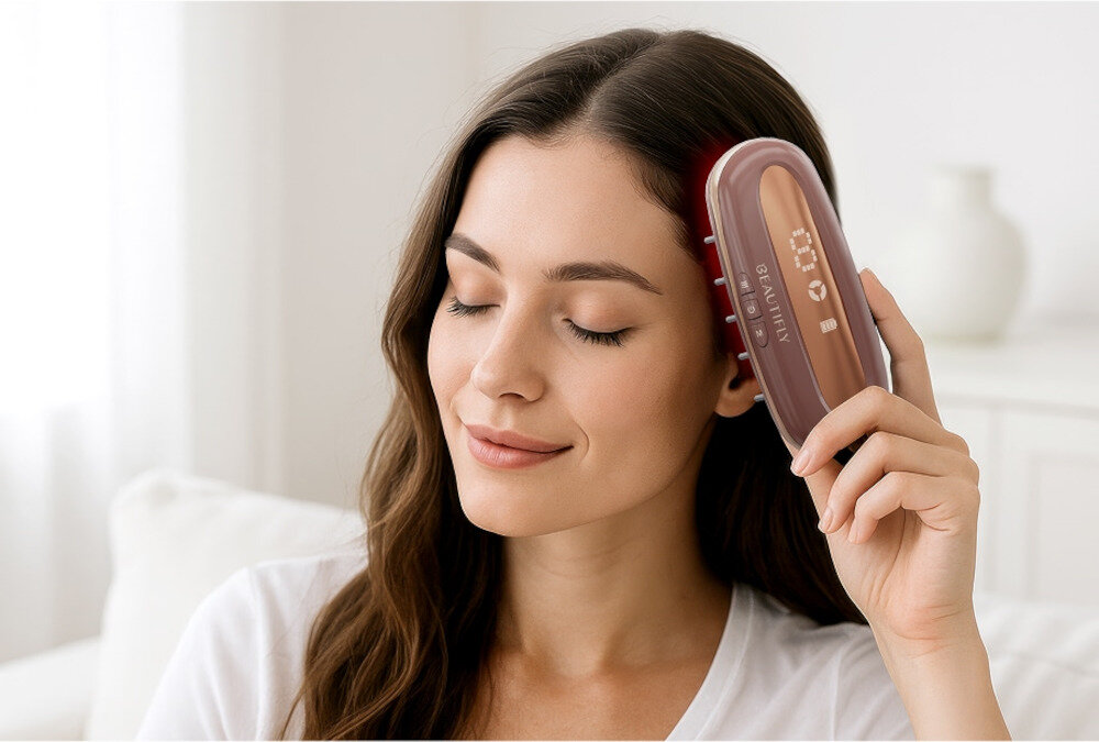 Wielofunkcyjny grzebień na porost włosów BEAUTIFLY Laserboost Rosegold Masaż EMS mikrokrążenie emisja jonów ujemnych aplikacja serum efektywność pielęgnacji ergonomiczna konstrukcja prosta obsługa troska