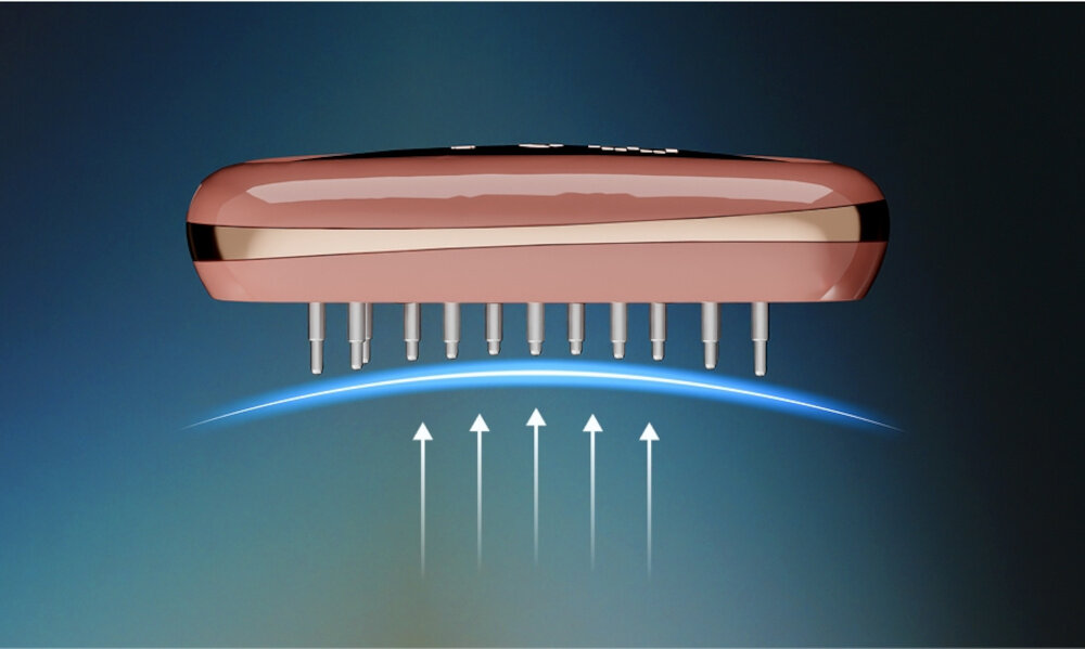 Wielofunkcyjny grzebień na porost włosów BEAUTIFLY Laserboost Rosegold Metalowe końcówki stymulujące Metalowe końcówki dopasowanie kształy obszar precyzyjny i komfortowy kontakt ze skórą