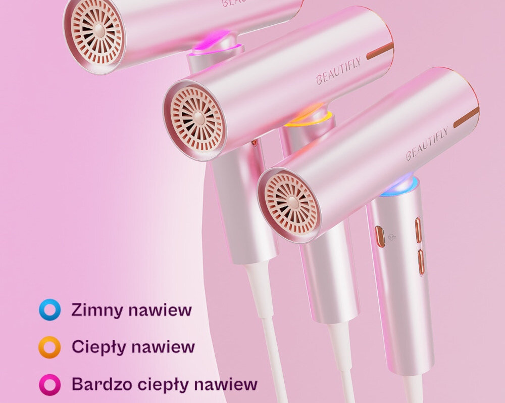 Suszarka BEAUTIFLY Candy Flow 1200W Trwałe utrwalenie fryzury Funkcja zimnego nawiewu zabezpiecza efekt stylizacji wygładza włosy i redukuje ich puszenie