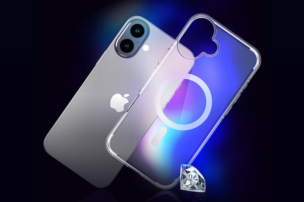 Etui 3MK EverClear MagCase do Apple iPhone 17 Przezroczysty prezentacja etui obok telefon ciemne tło z poświatą światła przed diament
