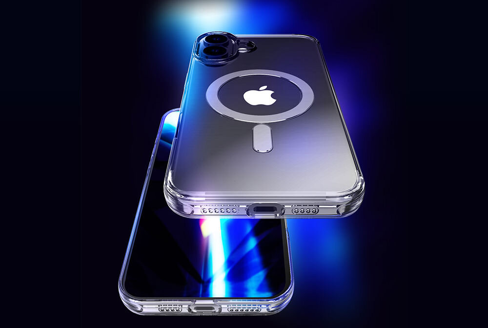 Etui 3MK EverClear MagCase do Apple iPhone 17 Przezroczysty prezentacja telefonu od strony ekranu i na nim lewitujący telefon z założonym etui na ciemnym tle z poświatą światła promienie UV wysoka klasa poliwęglanu Full PC utrzymuje przejrzystość jakość estetyka