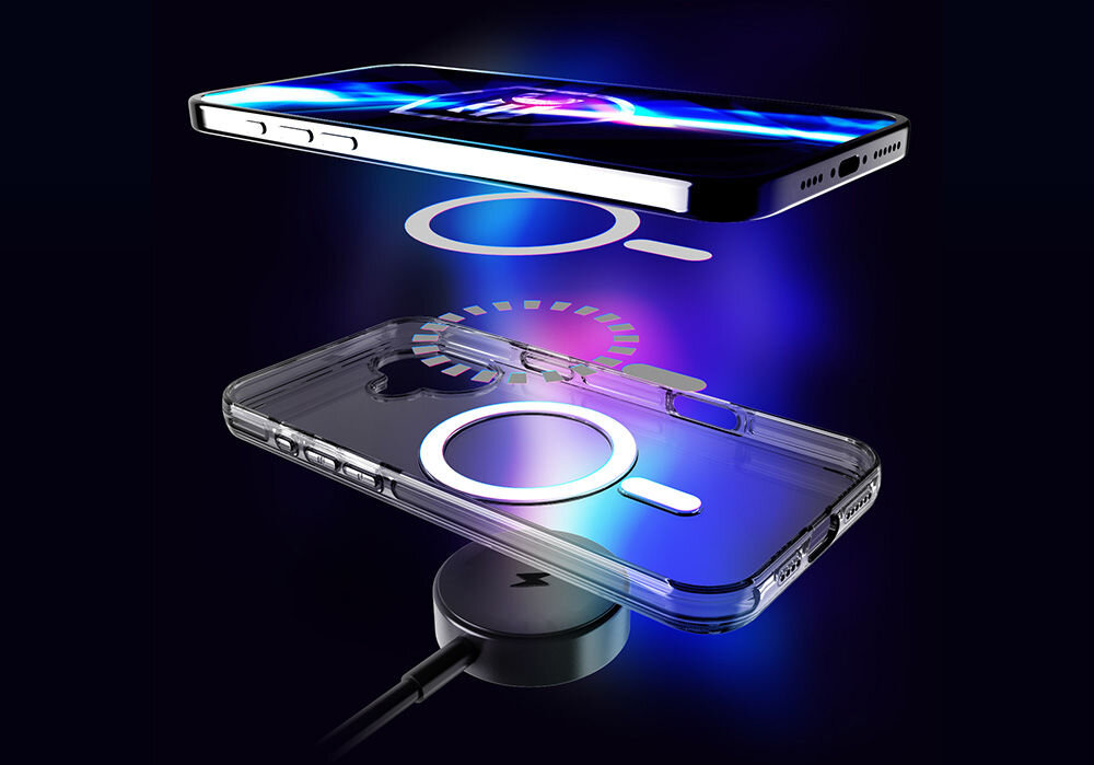 Etui 3MK EverClear MagCase do Apple iPhone 17 Przezroczysty prezentacja warstw i pokazanie działania MagSafe na ciemnym tle z poświatą światła silny magnes MagSafe mocne i stabilne mocowanie telefonu kompatybilność